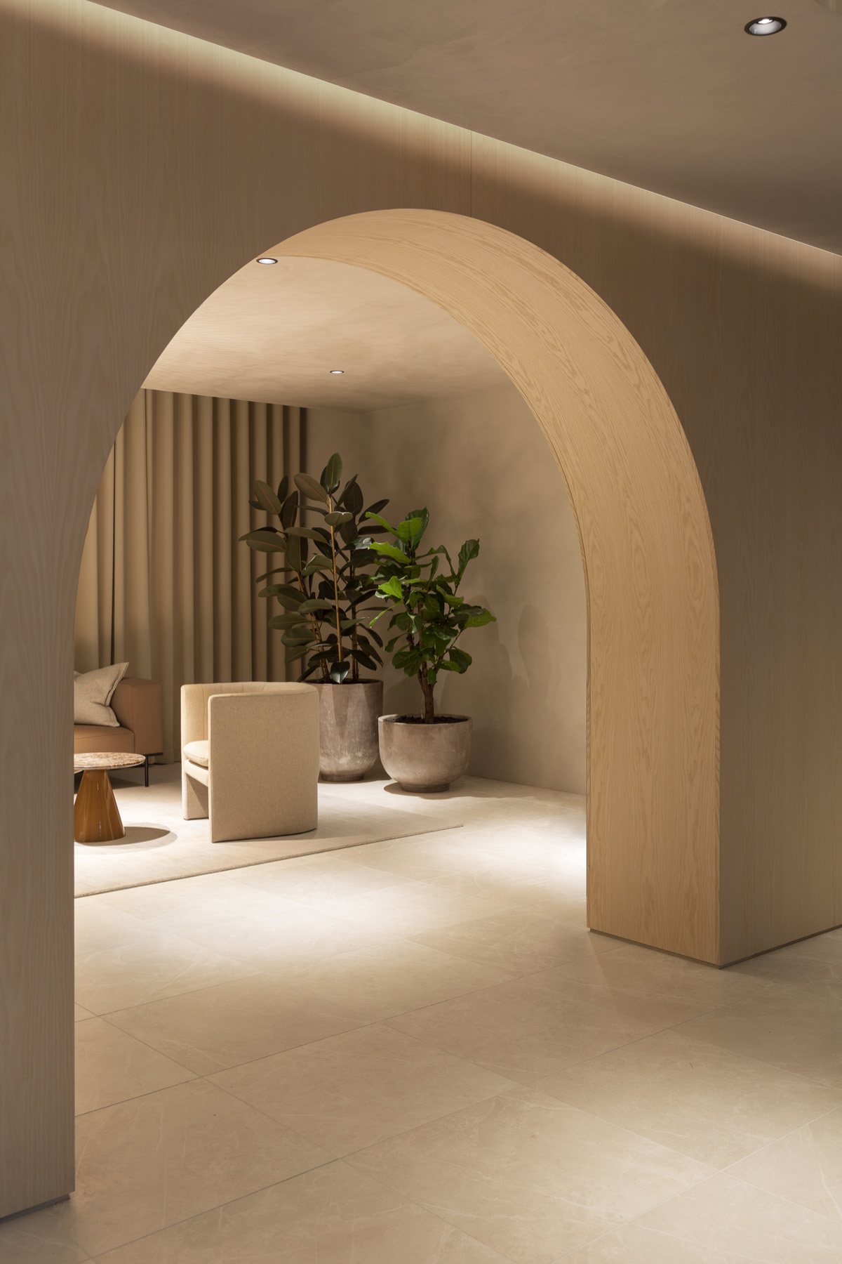 Premico office public entrance space wooden arch