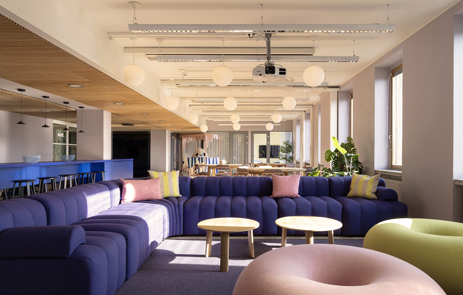 Sievo office design community lounge space